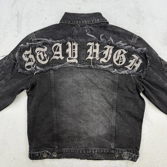 R3BEL‎ Jacket Mens Large Denim Black Embroidered Paradise Thrashed Distressed - Picture 8 of 11